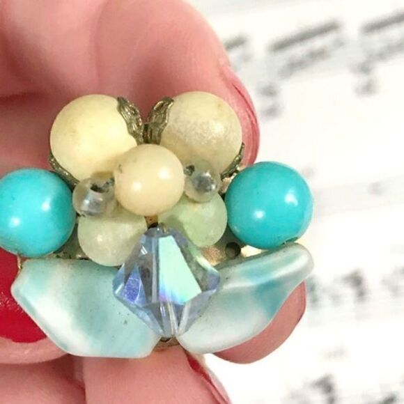 BLUE AND YELLOW BEADED AND CRYSTAL CLIP-ON EARRING - Picture 2 of 3